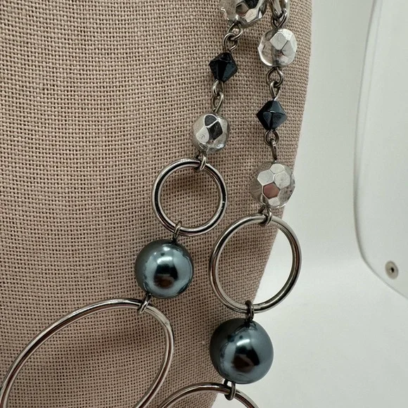 Lia Sophia silver tone and grey faux pearl extra long necklace - Picture 3 of 5